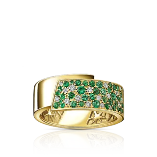 Широкое золотое кольцо с изумрудами и бриллиантами