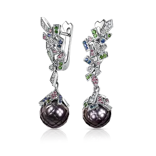 Серьги  из белого золота с граненым черным жемчугом
